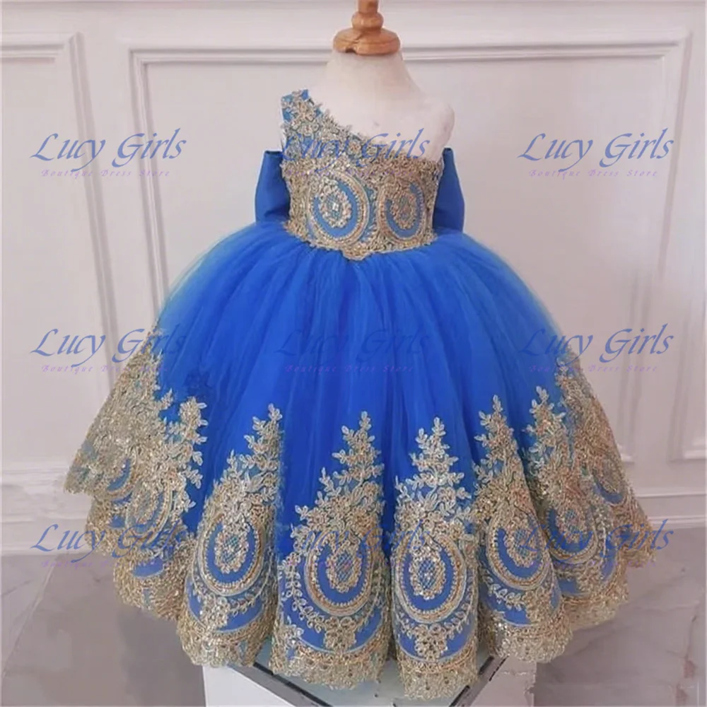 Luxury One Shoulder Flower Girl Dress Quality Tulle Fluffy With Gold Applique For Wedding Kids Birthday Party Evening Gowns