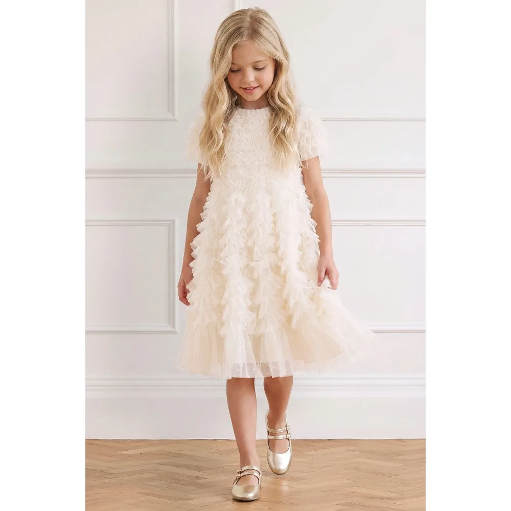 Customized Layered Ruffles Flower Girl Dress for Wedding 2026 Luxury Ball Gown Knee Length A Line Tiered Princess Kid's Gown
