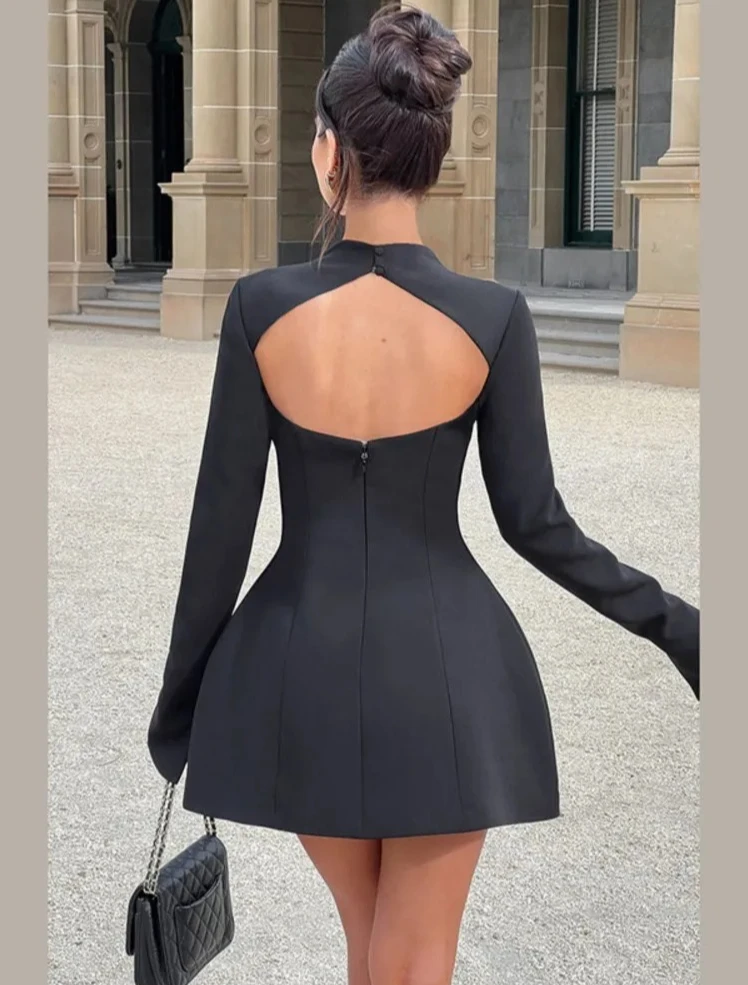 

Women's Elegant Pocket Slim Dress Fashion Backless Long Sleeve High Waist A-line Dresses Party Club Bodycon Short Vestidos