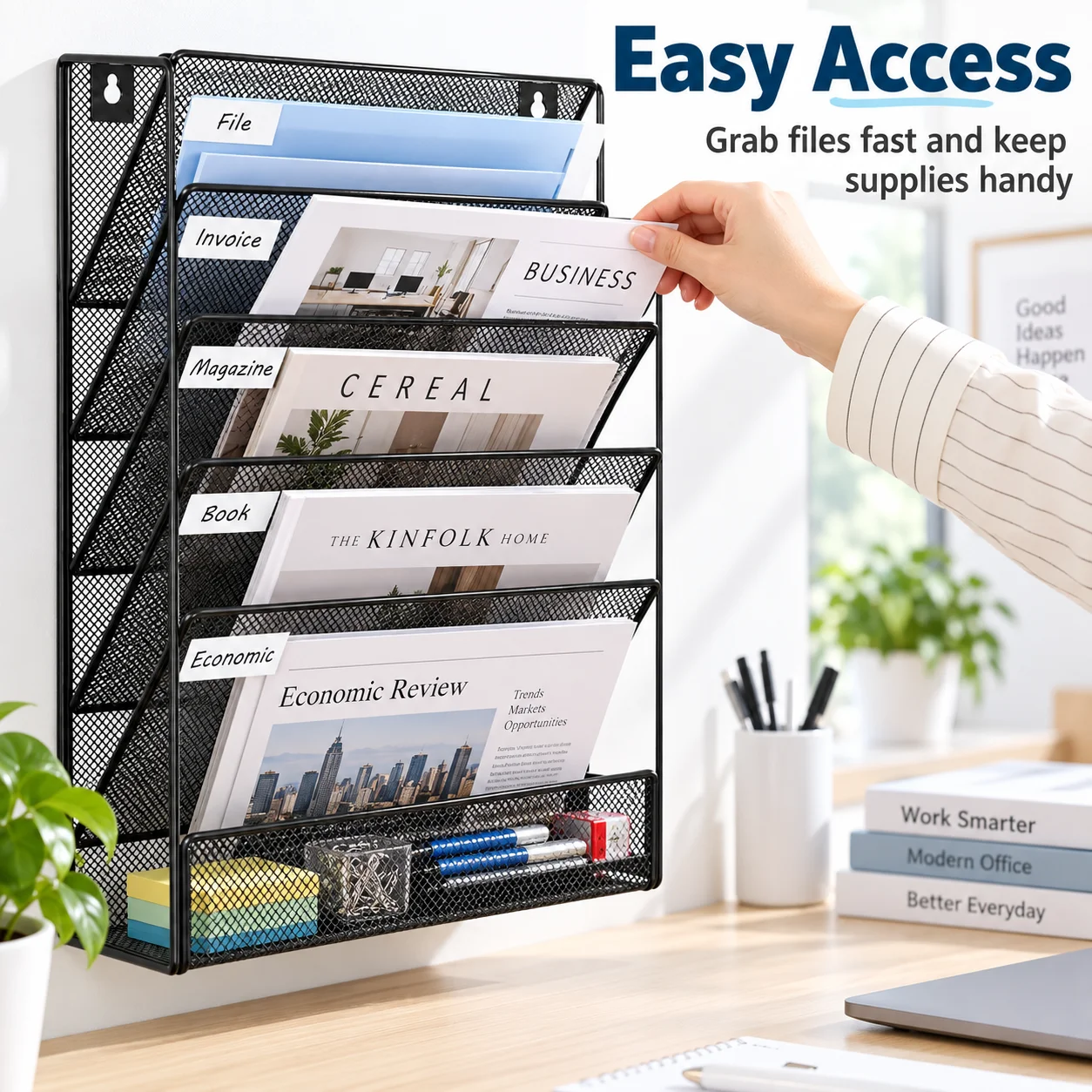 5-Tier Wall Mounted Metal Mesh File Organizer with Bottom Basket, Hanging Document, Magazine and Mail Holder for Office and Home