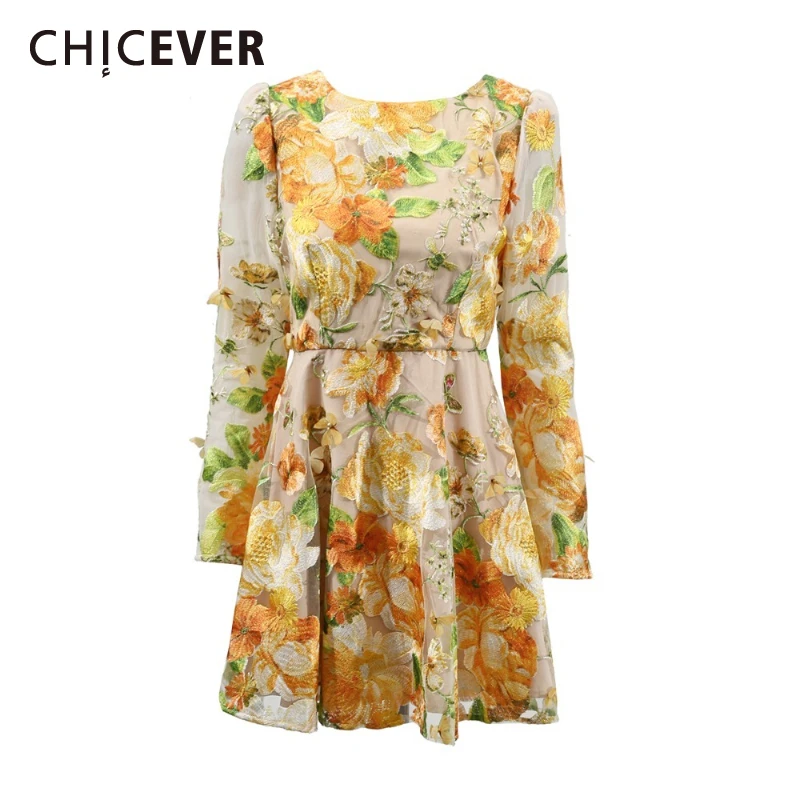 

CHICEVER Vintage Embroidery Folds Mini Dresses for Women O Neck Long Sleeve High Waist Patchwork Zipper Temperament Dress Female