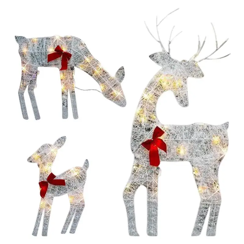 2025 Christmas Iron Lighting Deer With Bell Bow Xmas Glowing Glitter Reindeer Home Outdoor Yard Ornament Decoration