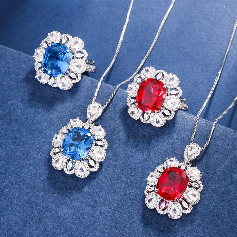 S925 Silver Plated 18K Gold Plated PT950 Platinum Colored Corundum Retro Temperament Set Women's 10*12 Jewelry