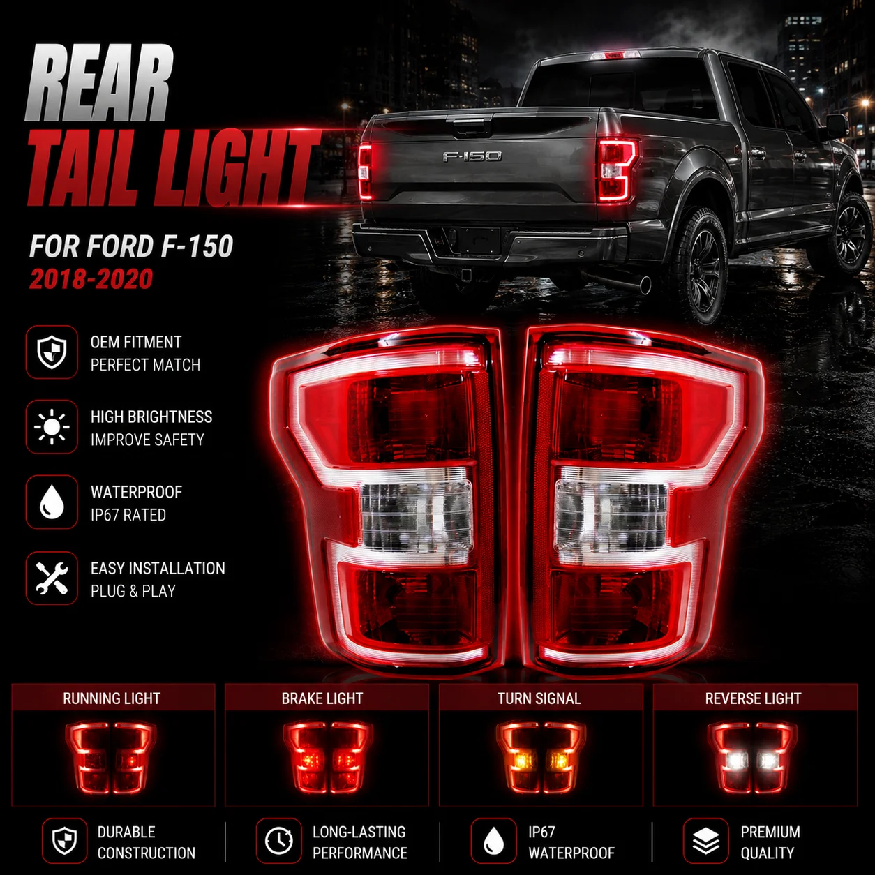 フォード-f150-f-150-2018-2020年モデル用-車用ハロゲンテールライト-リアバンパーライト-ストップブレーキランプ-ウインカー警告灯