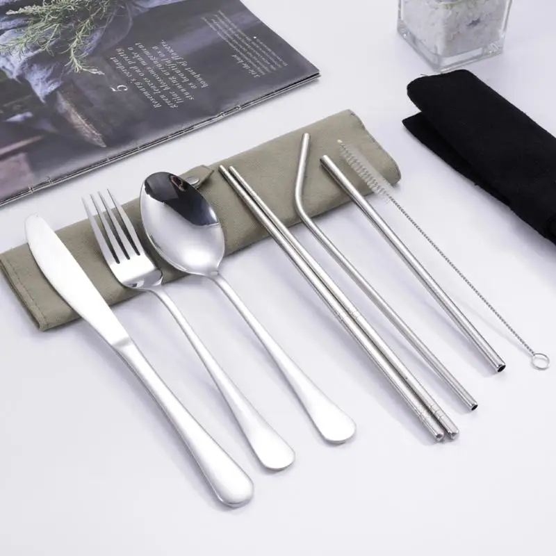 8Pcs/Set Tableware Travel Cutlery Set 430 Stainless Steel Spoon Fork Chopsticks Straw Brush Portable Case Camping Utensils