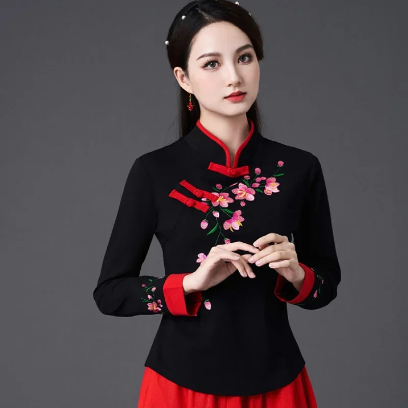 Spring Summer Cotton Linen Embroidery Chinese Style Shirt Women National Vintage Fashion Top Casual Elegance 2023 China Clothing