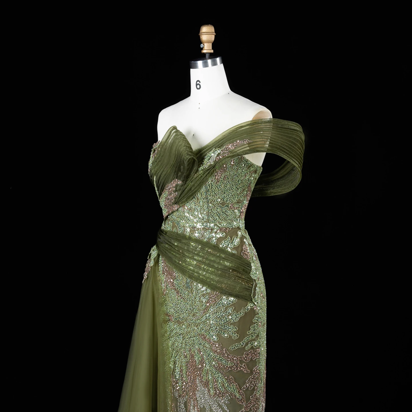 Sharon Said Luxuriöses Abendkleid in Grün mit Farbverlauf, schulterfrei, mit Perlenapplikationen, für Damen, Hochzeit, formelle Party, Modell SS293, maßgeschneidert – Detail 12