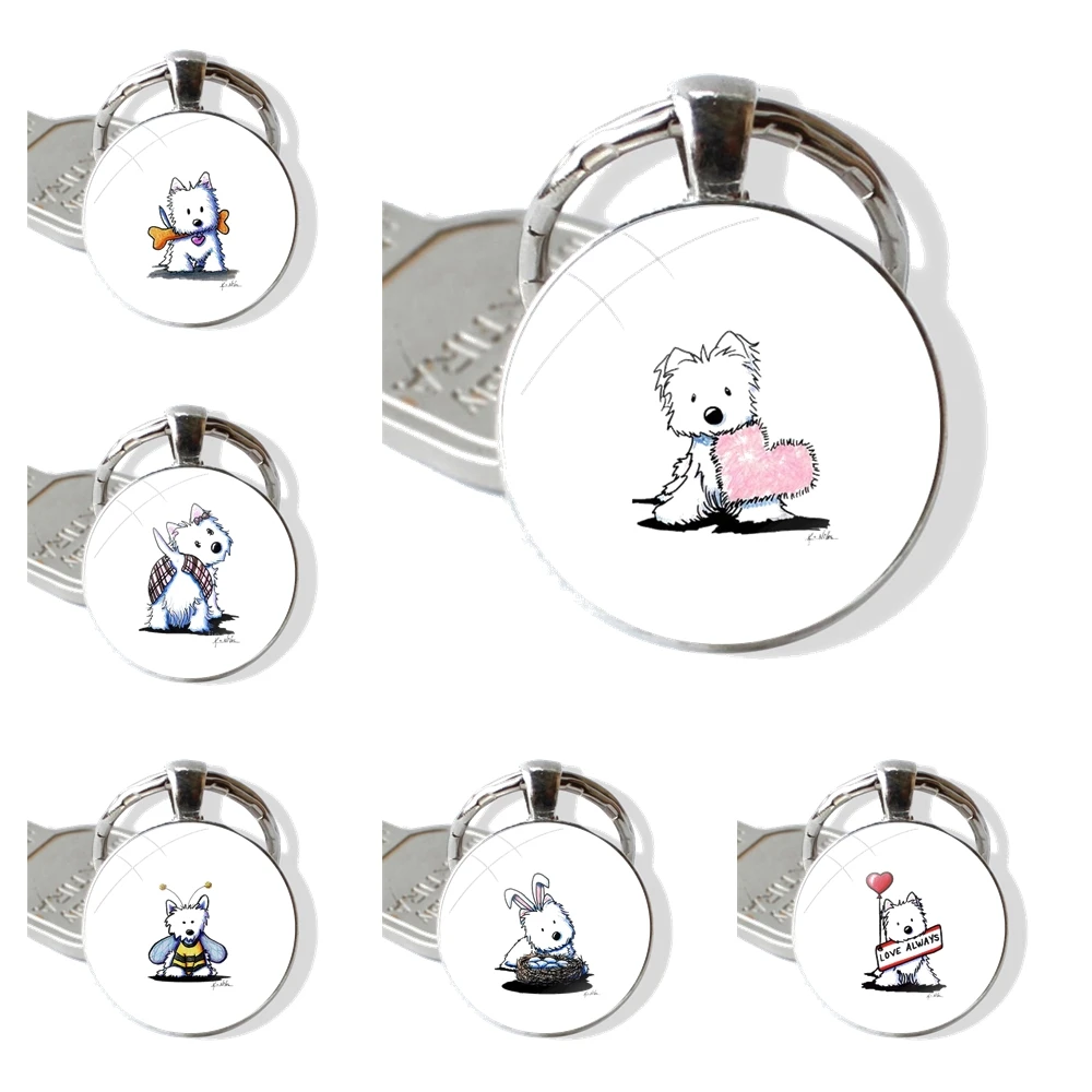 lovely Westie dog Pattern Keychain Handmade Glass Cabochon Key Ring Holder Pendant Key Chains