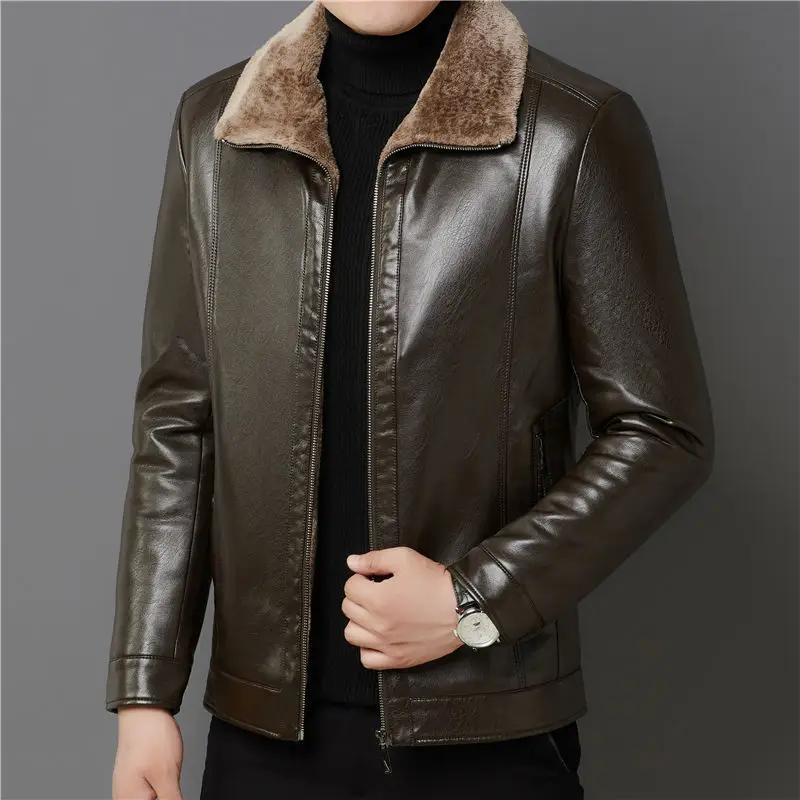 

New Genuine Leather Jacket Mens Plus Velvet Men Winter Warm Thickened Coat Man Fleece Autumn PU Coats T710