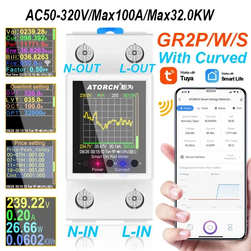 

AC50-320V Tuya WIFI Din Rail Smart Energy Meter Digital Voltmeter Ammeter 100A Electricity Meter Power Consumption Monitor