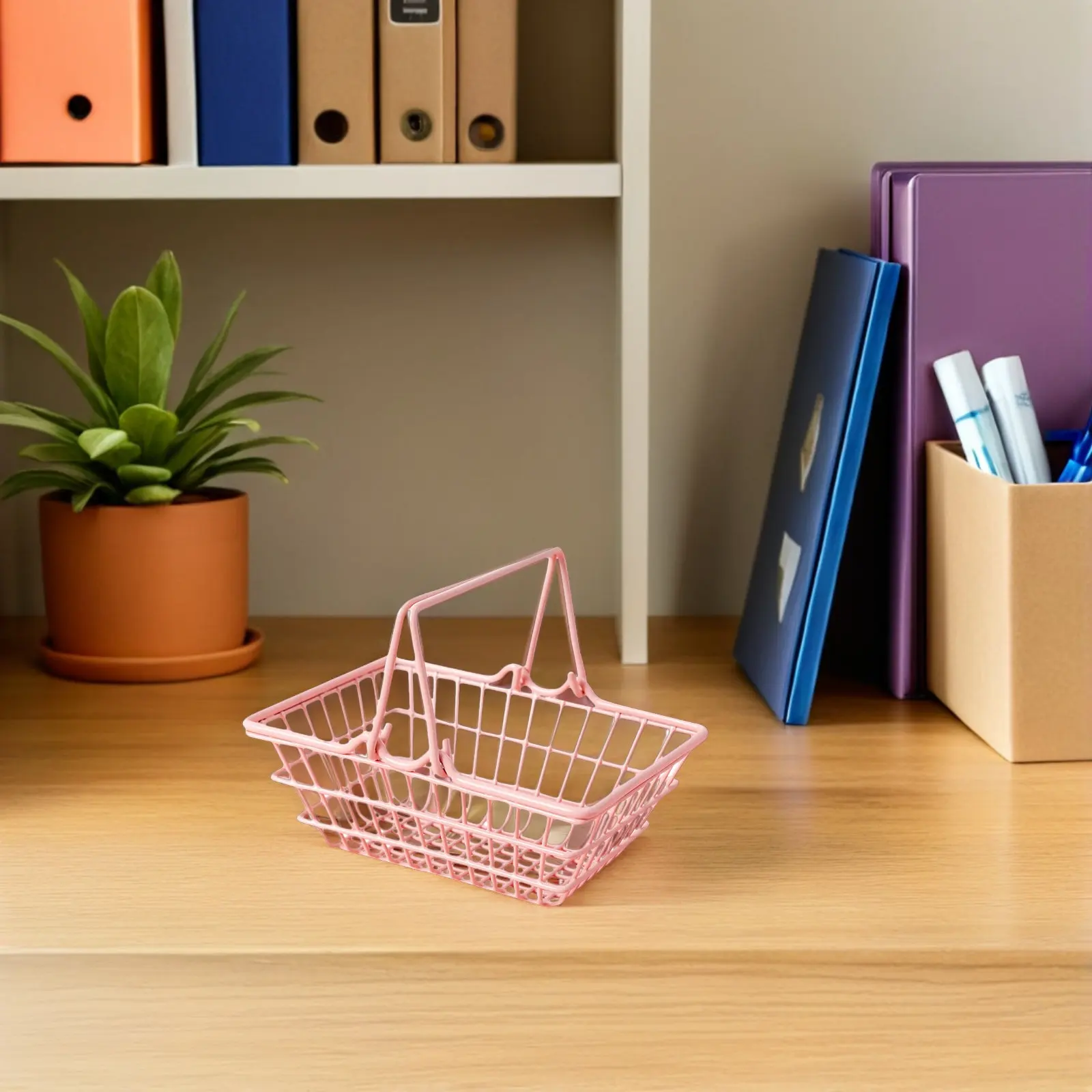

Pink Mini Shopping Basket Sturdy Rustproof Sundry Organizer Home Decor Item Photo Prop for Social Media Styling Small