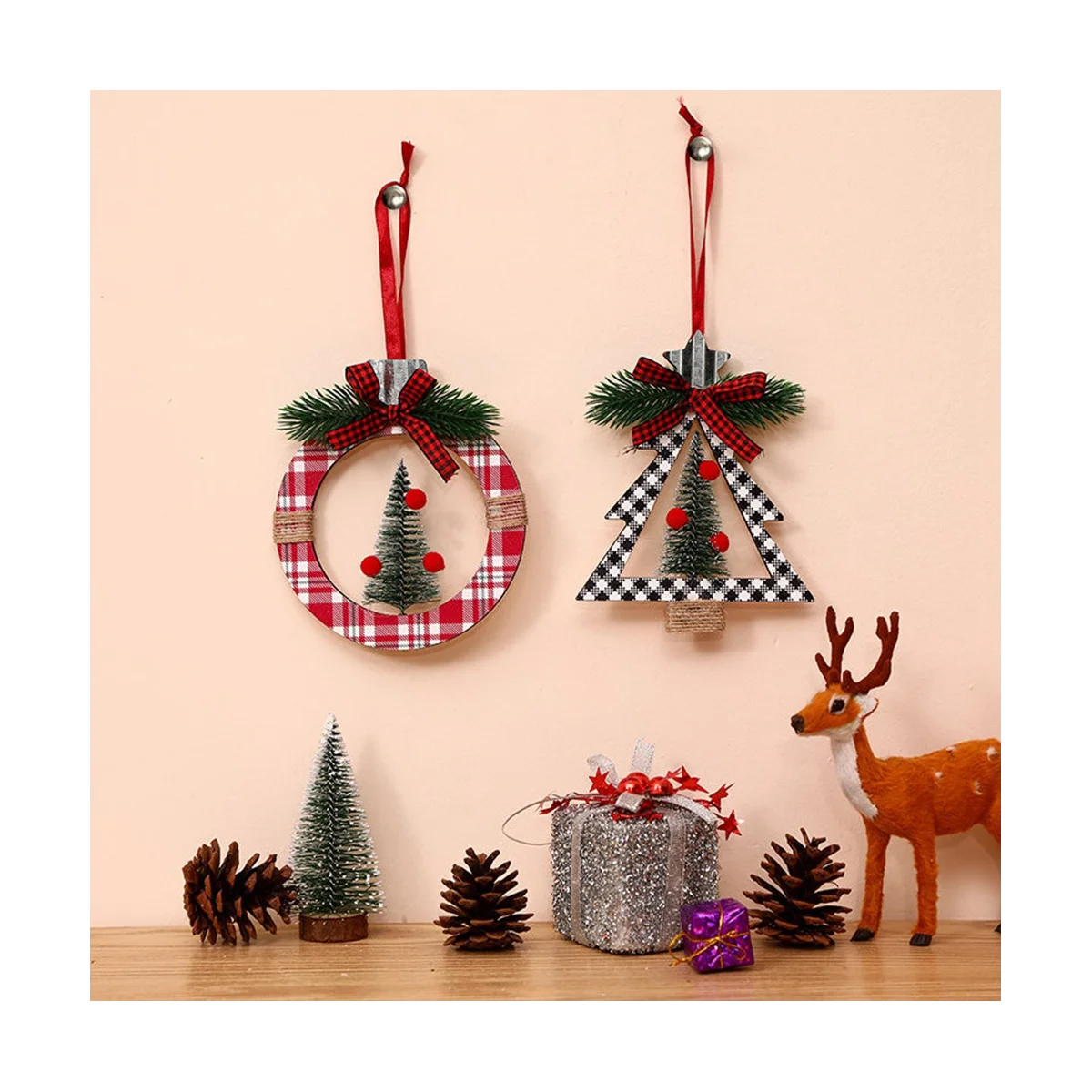 Paquete de 4 adornos navideños, decoraciones colgantes de madera para fiestas navideñas, suministros para fiestas
