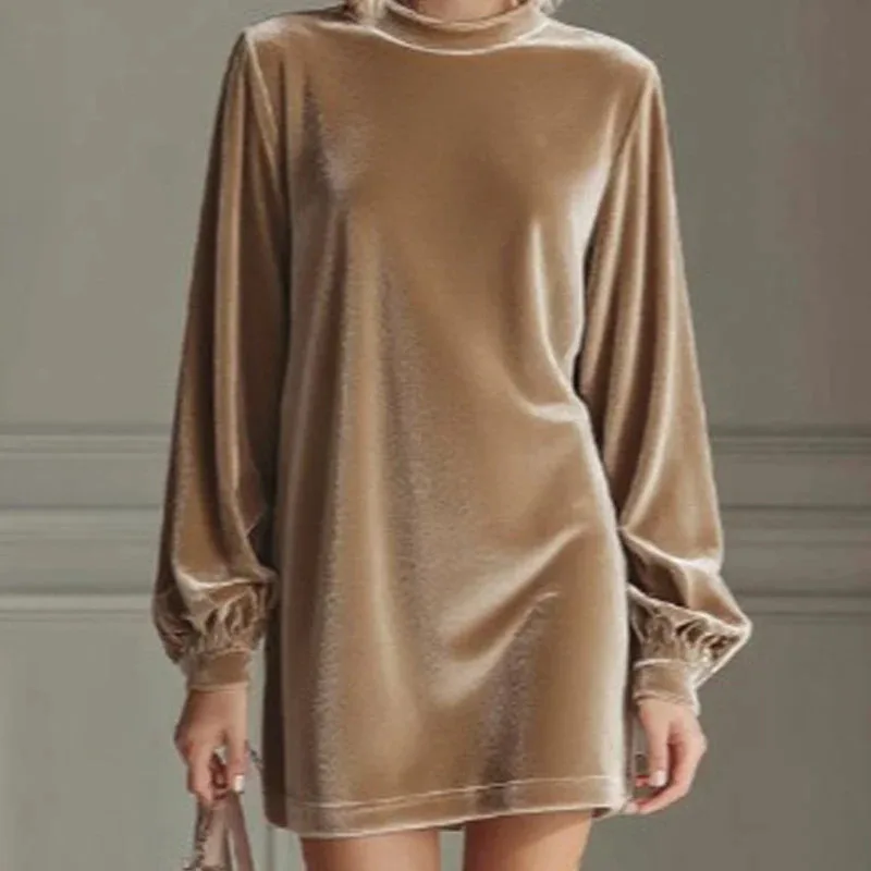 

Зимнее элегантное бархатное короткое платье с круглым вырезом, осеннее повседневное мини-платье с длинным рукавом, женские модные мягкие однотонные драпированные вечерние платья