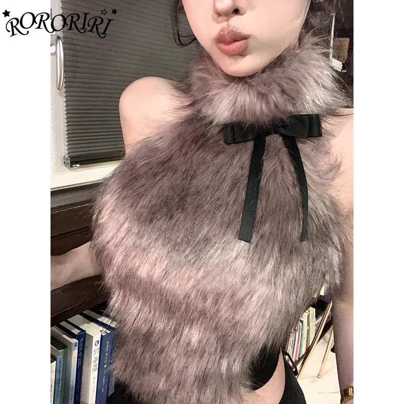 RORORIRI Faux Fur Spliced Knit Top Women Bowknot Off Shoulder Contrast Sling Vest Plush Turtleneck Halter Top Grayu Y2k Clothes