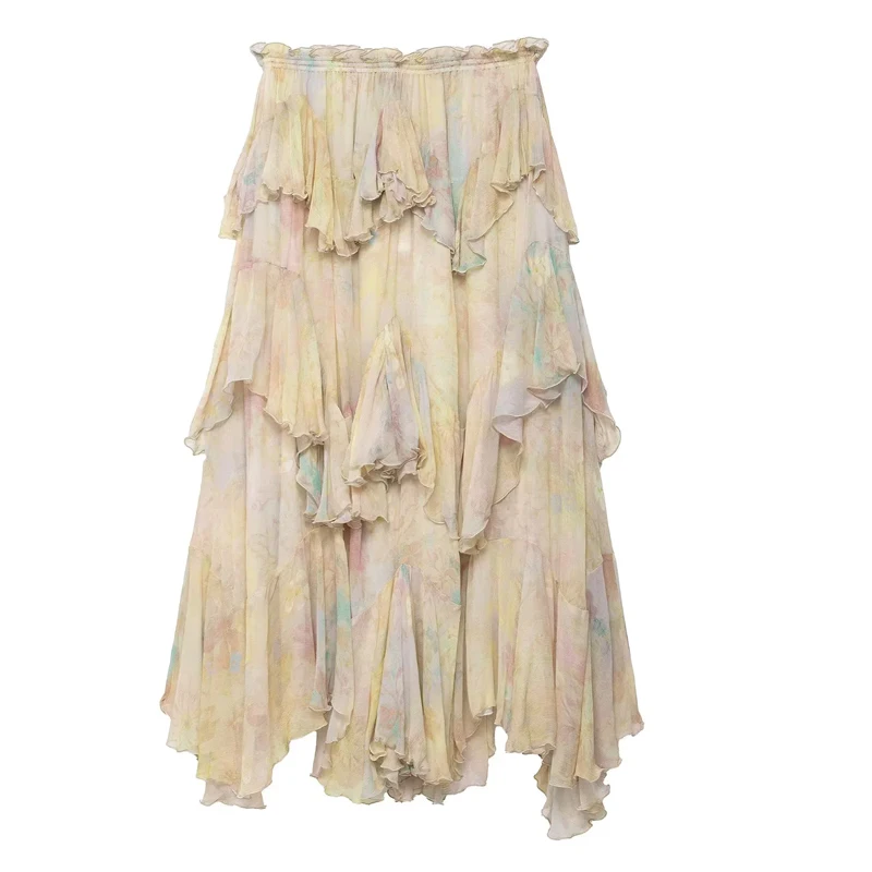 HXAO Print vrouwen Rok Zomer Ruche Lange Rokken Voor Vrouwen Plooien Gelaagde Midi Rok Fee Tule Asymmetrische Vrouwelijke Rok