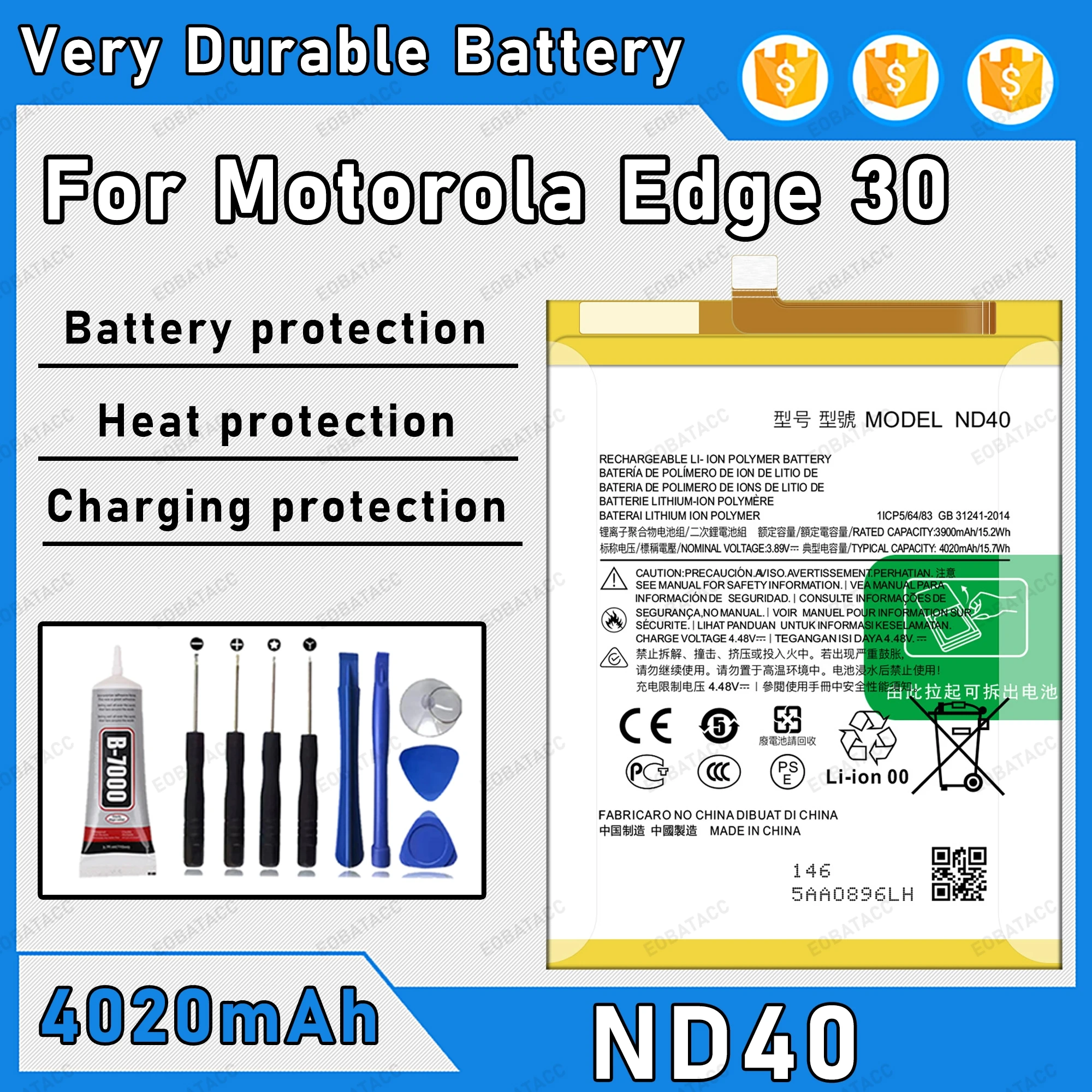 4020mAh 100% New ND40 Battery For Motorola Edge 30 Replacement Bateria+Free Tools