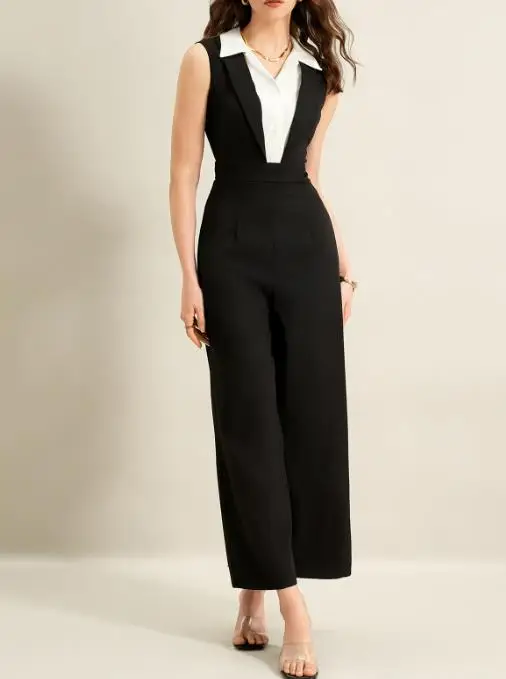 

Летний новый французский модный элегантный комбинезон для женщин с черно-белым цветовым сочетанием, имитацией двух частей, без рукавов, с высокой талией