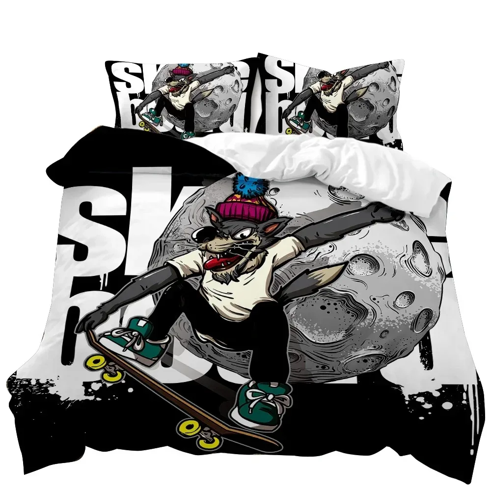 

Cartoon Skateboard Duvet Cover Set Cartoon Wolf Kids Hip Hop Skateboard Sport Queen King Cute Wild Animal Polyester Quilt Cover