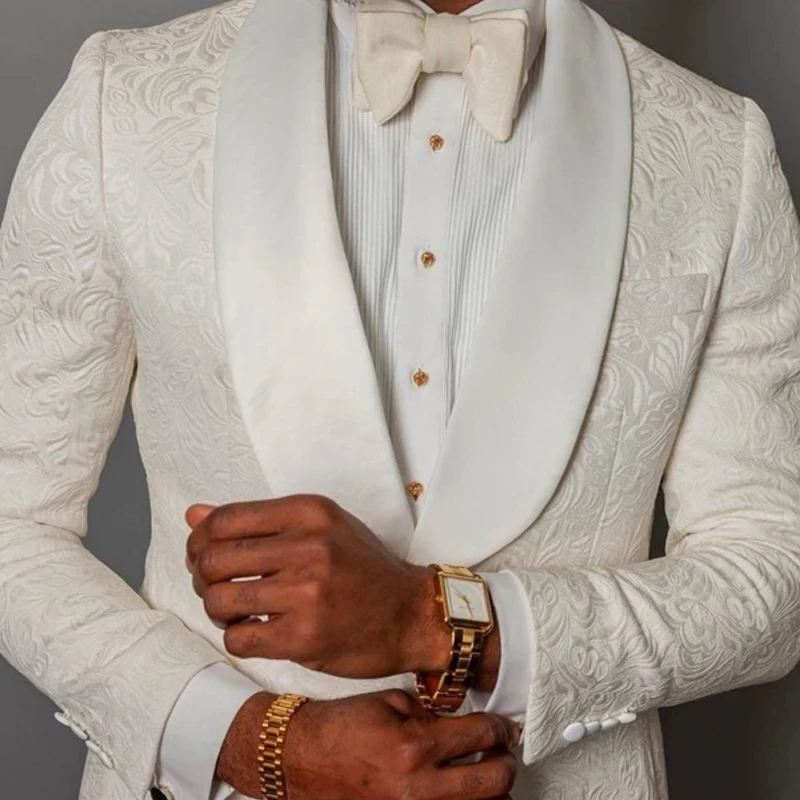 Ivory Jacquard Wedding Tuxedo for Groomsmen 2 Piece Slim fit Men Suits with Shawl Lapel African Male Fashion Costume