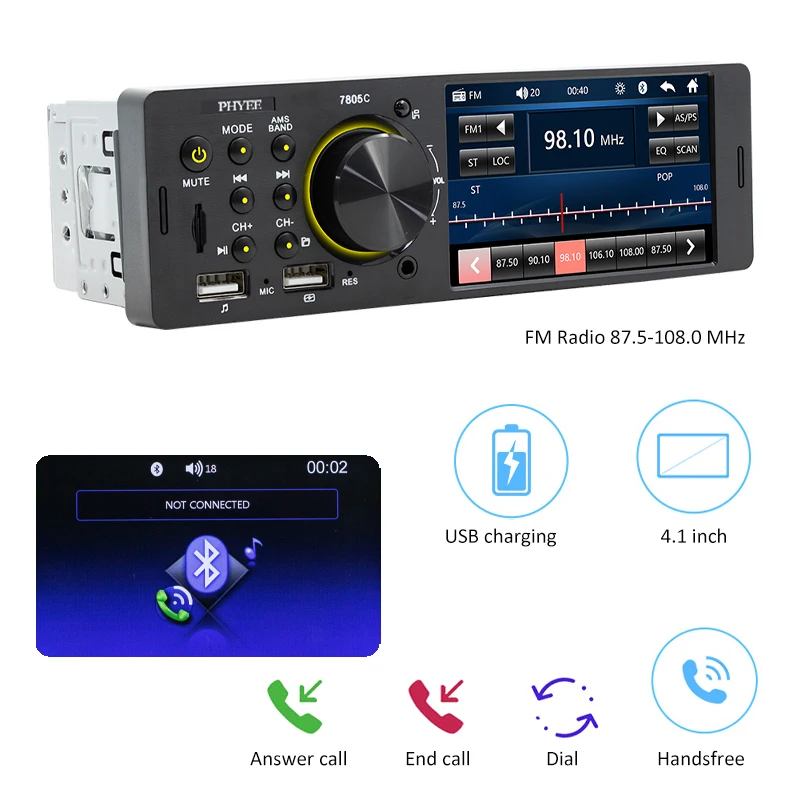 1Din 4.1 Inch Touch Screen For Car Radio Bluetooth 5.0 Hands-Free FLAC Audio USB Fast Charging 7 Color Lights MP5 Model 7805C