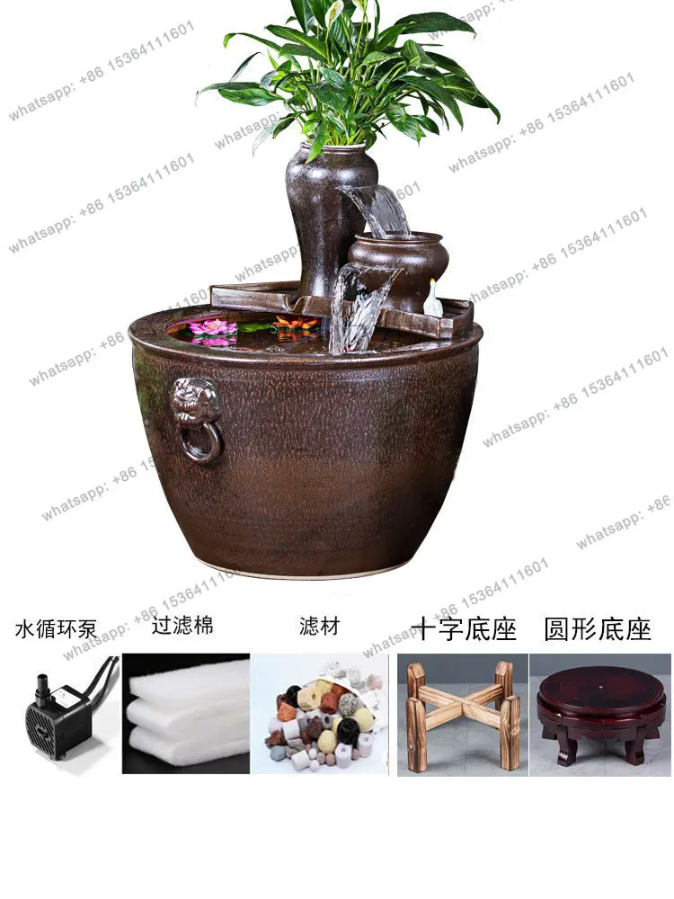 Ecological ancient fish tank, waterfall, circulating water, landscaping, filtering, oxygenation, old-fashioned water tank