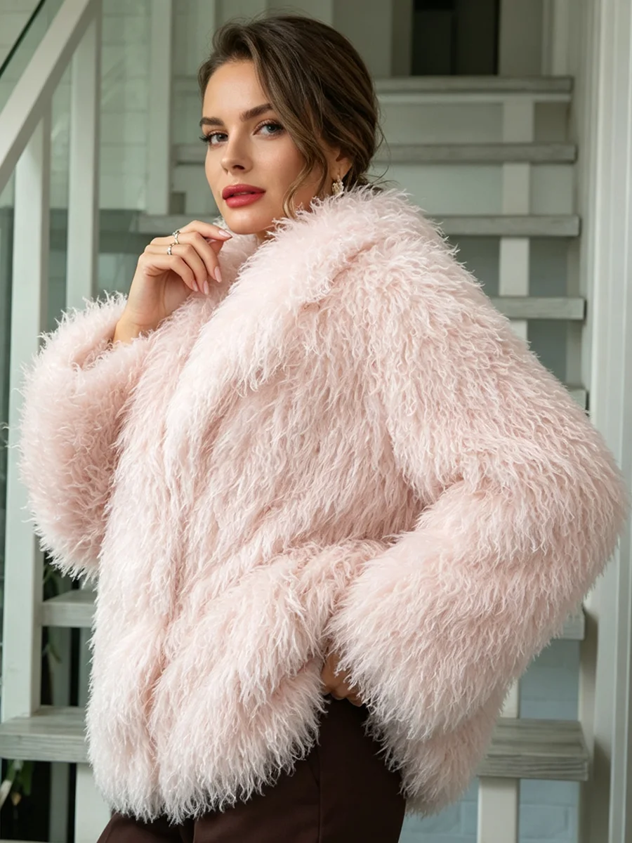 Women Shaggy Faux Fur Jacket Fluffy Lapel Loose Warm Winter Short Plush Outerwear