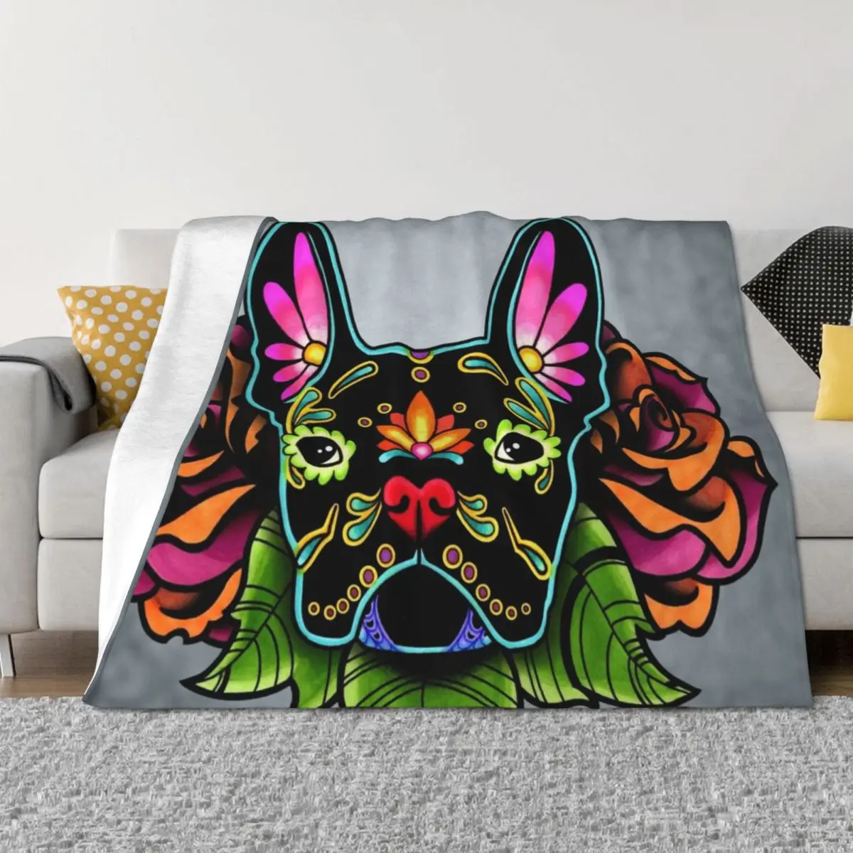 

Day of the Dead French Bulldog in Black Sugar Skull Dog Throw Blanket For Decorative Sofa Large Picnic Single Blankets