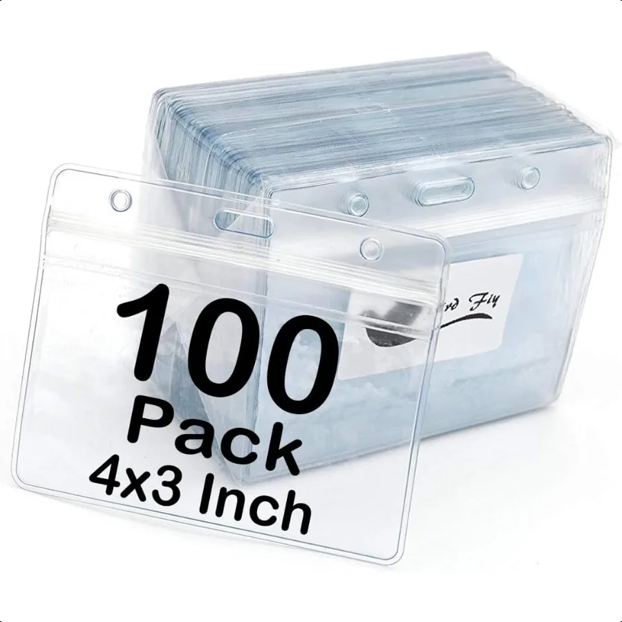 

Name Tag Badge ID Card Holders 100 Pack Horizontal 4 x 3 Inches Clear Plastic Premium Badge Holder