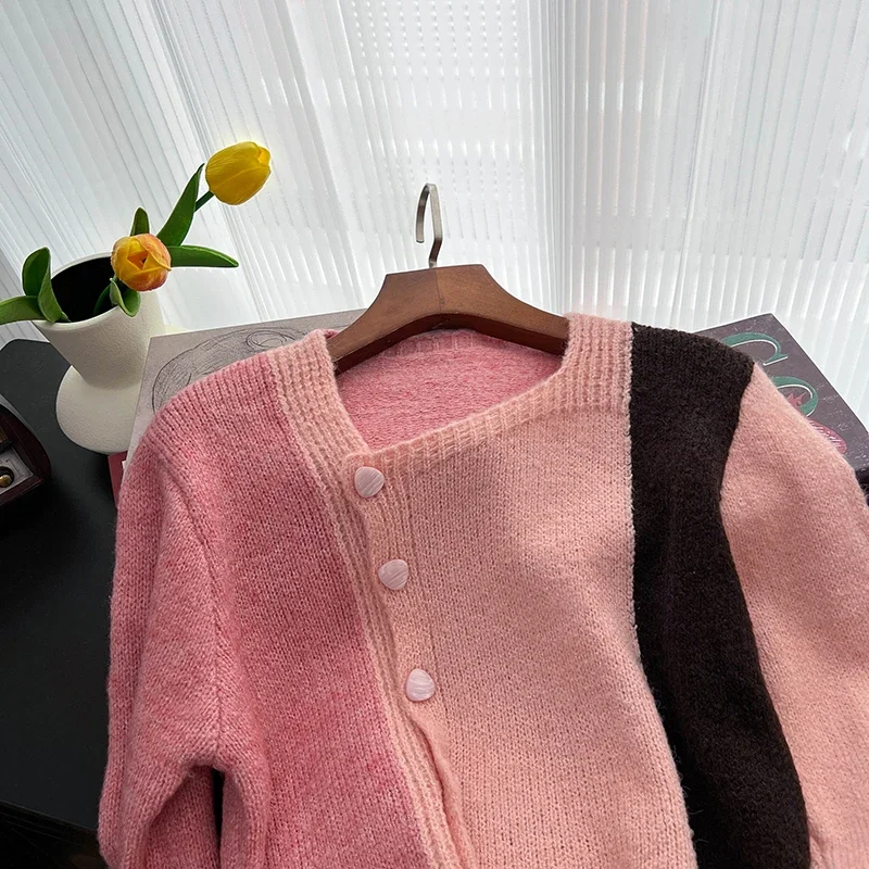 Spliced Knitted Sweater Women Autumn Long Sleeve Single Breasted Square Neck Casual Fashion French Knit Cardigan