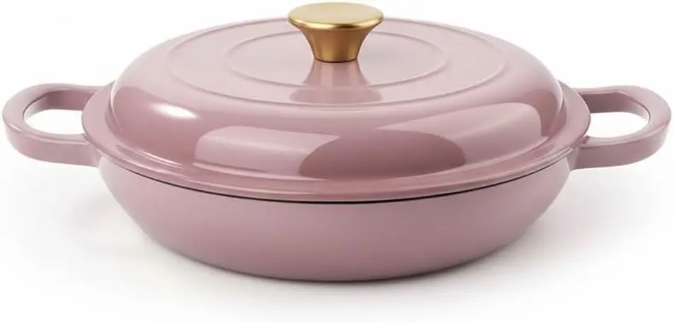 

3 Qt Enameled Cast Iron Braiser, Non-Stick Skillet with Lid, Oven-Proof to 500°F, Pink