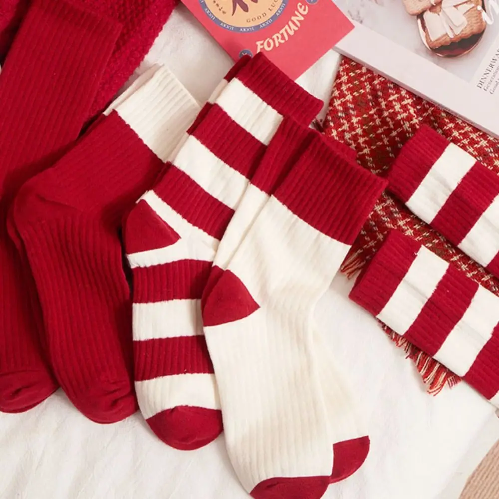 Comfortable Striped New Year Red Socks Cotton Breathable Good Luck Socks Thicken Female Hosiery Socks Women Winter Autumn