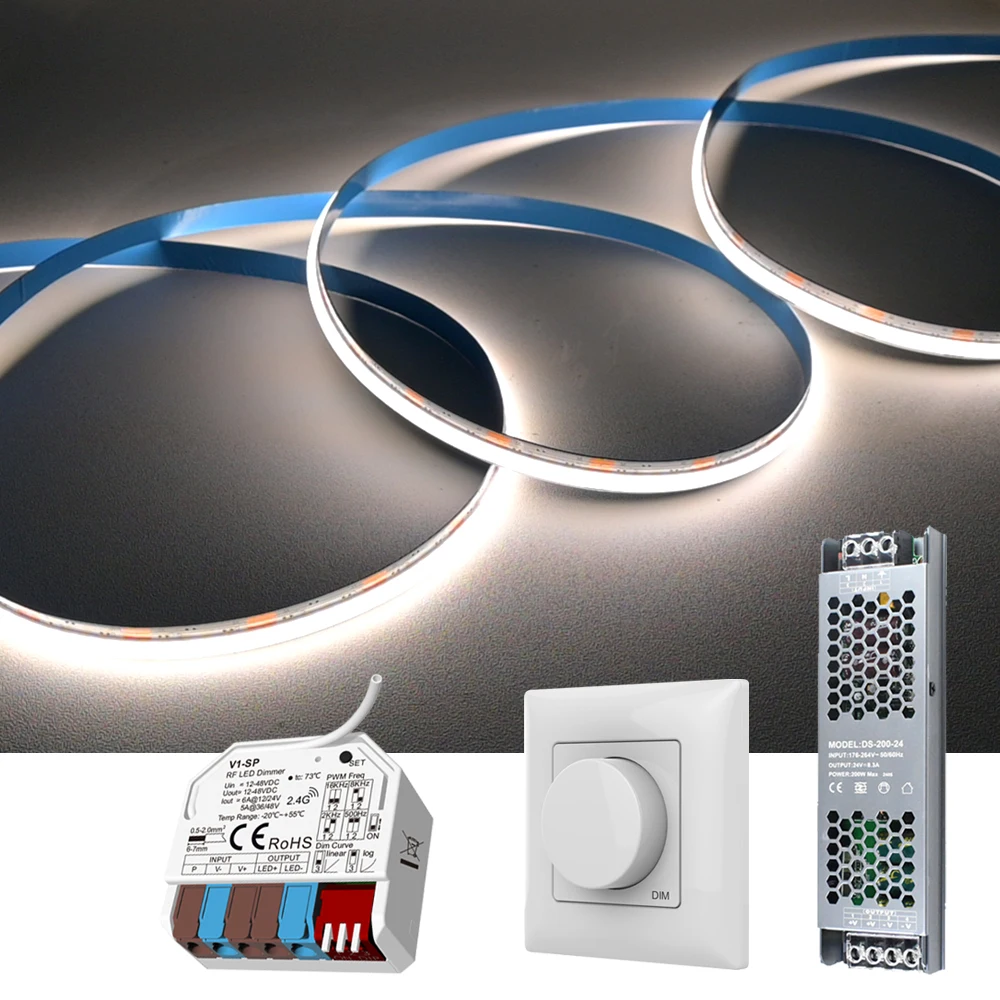 10m 20m COB LED Strip 24V Dimmable Flexible Room Light Band NO Point Warm White Natural 3000K 4000K 6000K RF Rotary Panel Remote