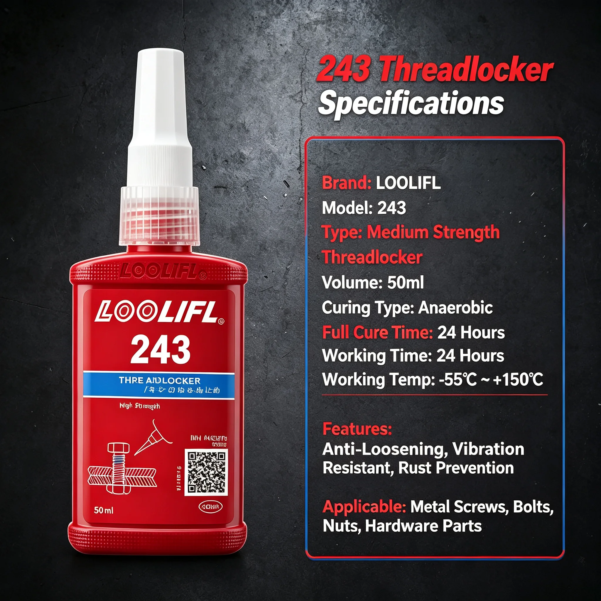 LOOLIFL 243 Medium Strength Threadlocker Anaerobic Screw Locking Agent Removable Anti‑Vibration Anti‑Loosening Sealant for Bolts