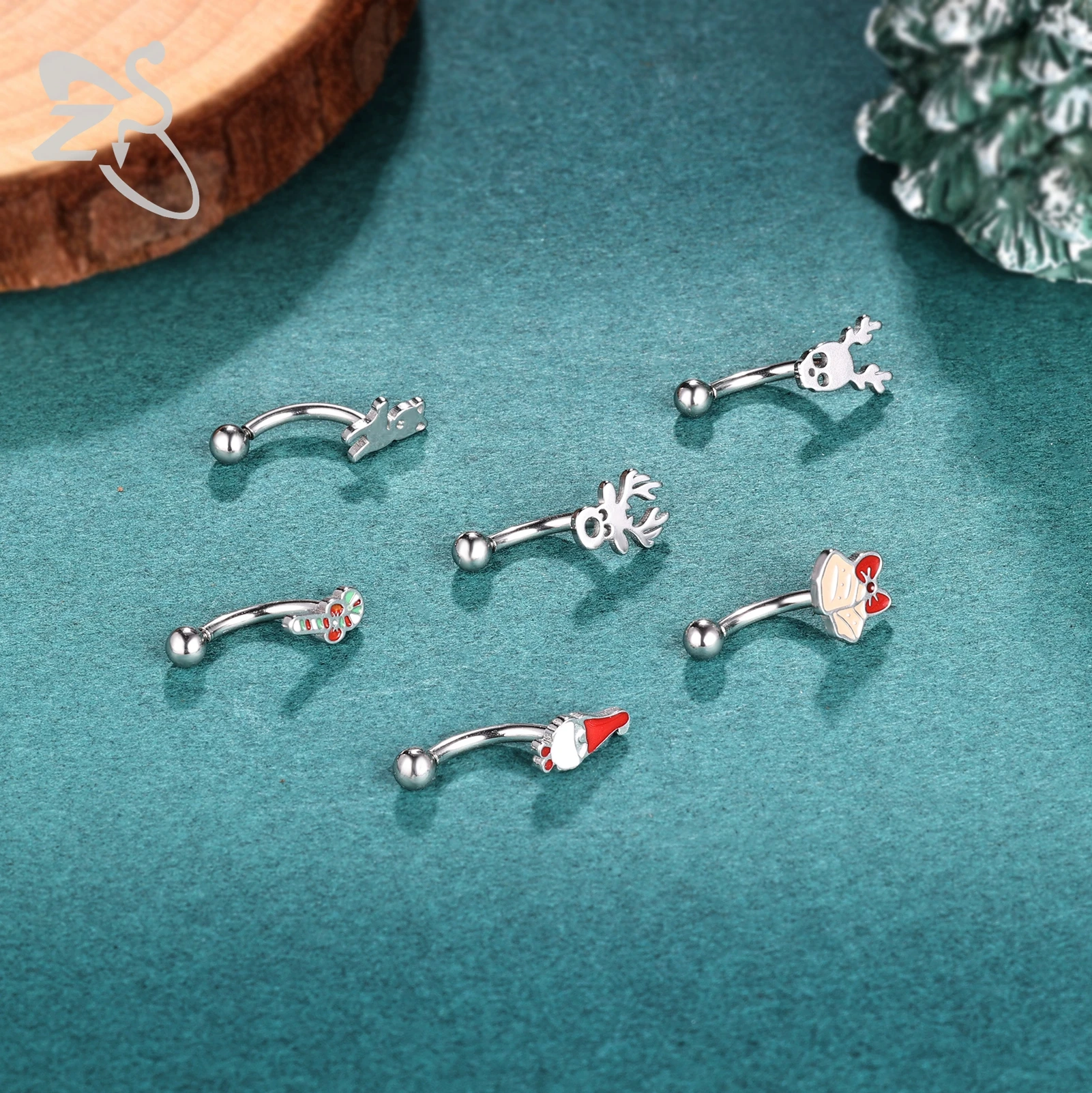 ZS 1 Piece 16G Christmas Stainelss Steel Eyebrow Piercing Curved Eyebrows Ring Reindeer Santa Shape Lip Belly Piercings 6/8/10MM