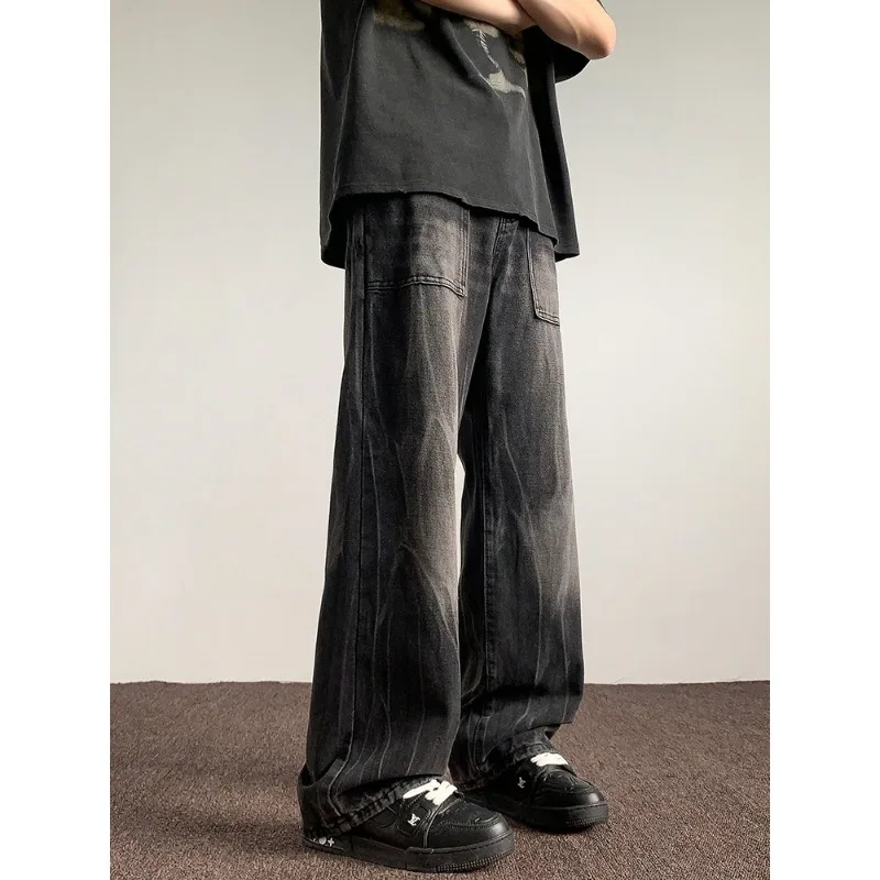 American Retro Washed Tie Dye Gradient Jeans For Men Summer Trendy Loose Straight Wide Leg Casual Denim Trousers