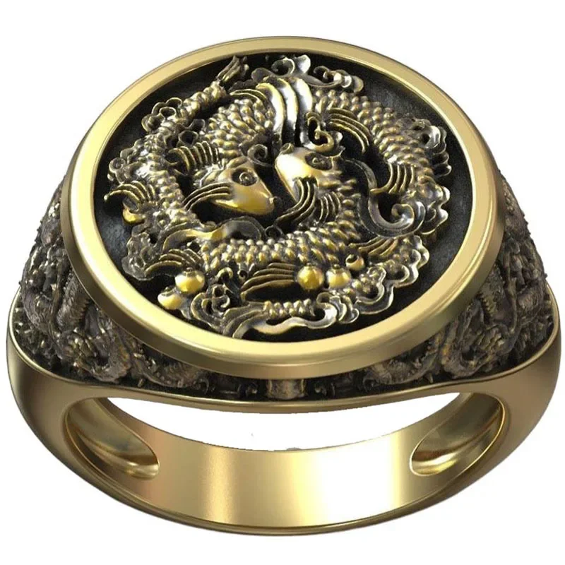 

11g Chinese River Fish Traditional Pattern Man Gold Art Relief Customized 925 Solid Sterling Silver Rings Many Sizes 6-13