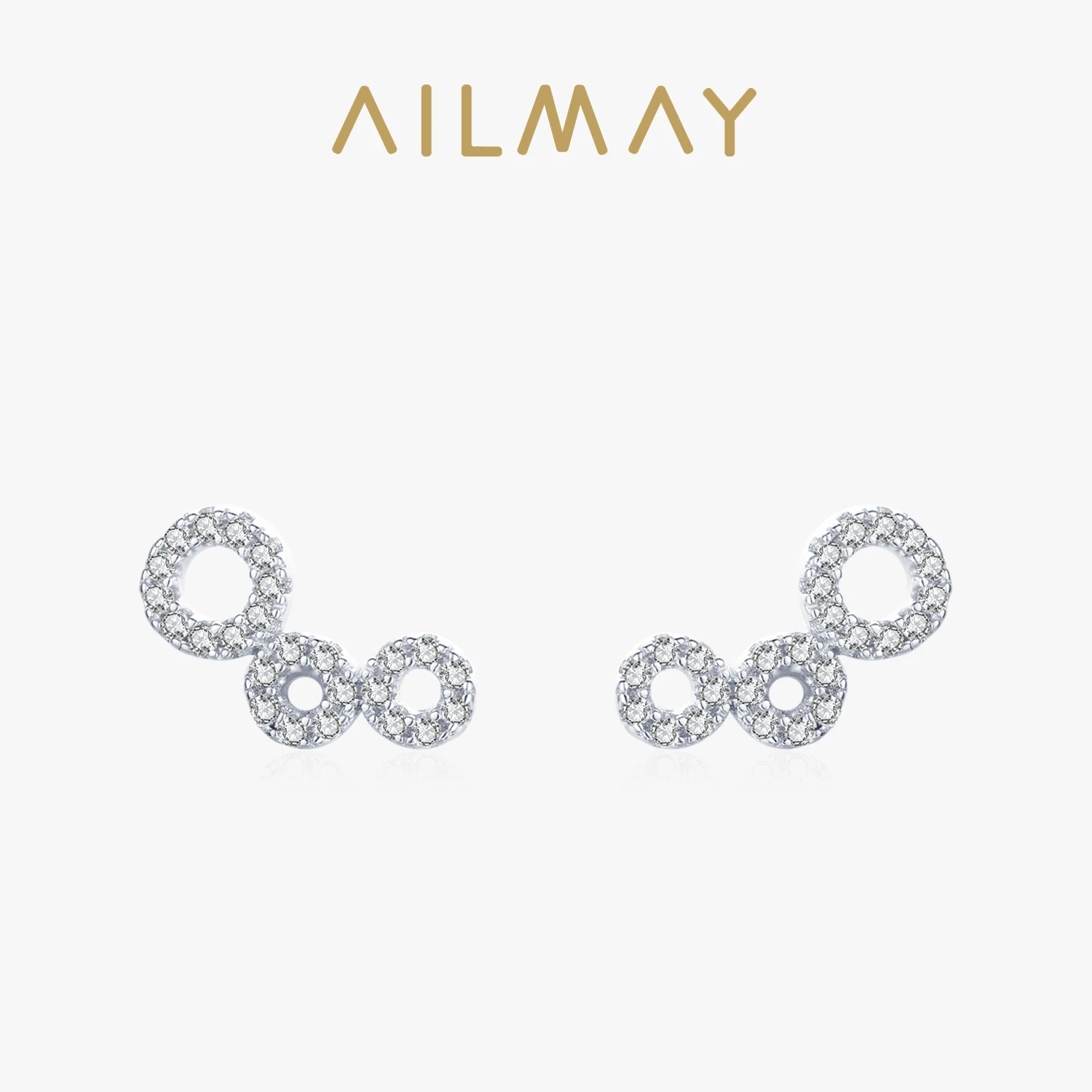 Ailmay Authentic 925 Sterling Silver Simple Exquisite Round Stud Earrings Sparkling Zircon Fine Female Fashion Jewelry