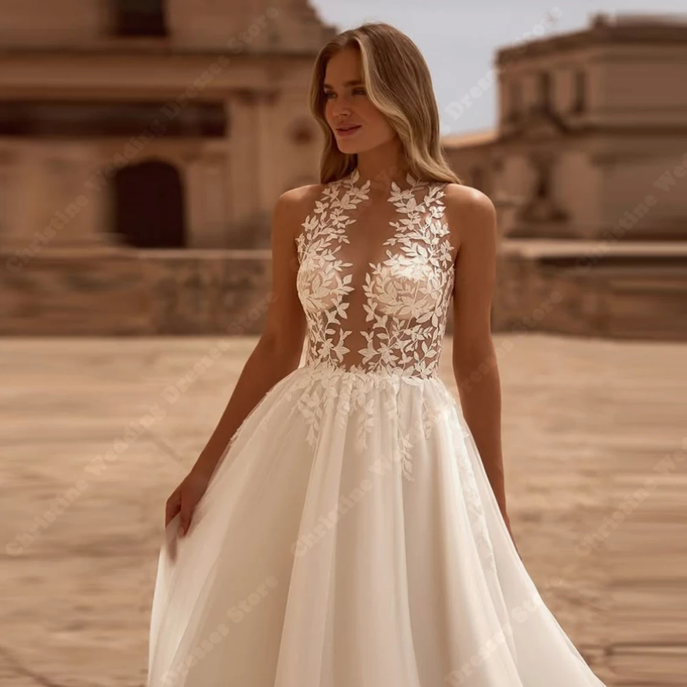 홀터넥 칼라 A라인 웨딩드레스 섹시한 민소매 튤 백리스 웨딩드레스 약혼 연회 드레스 맞춤 제작
