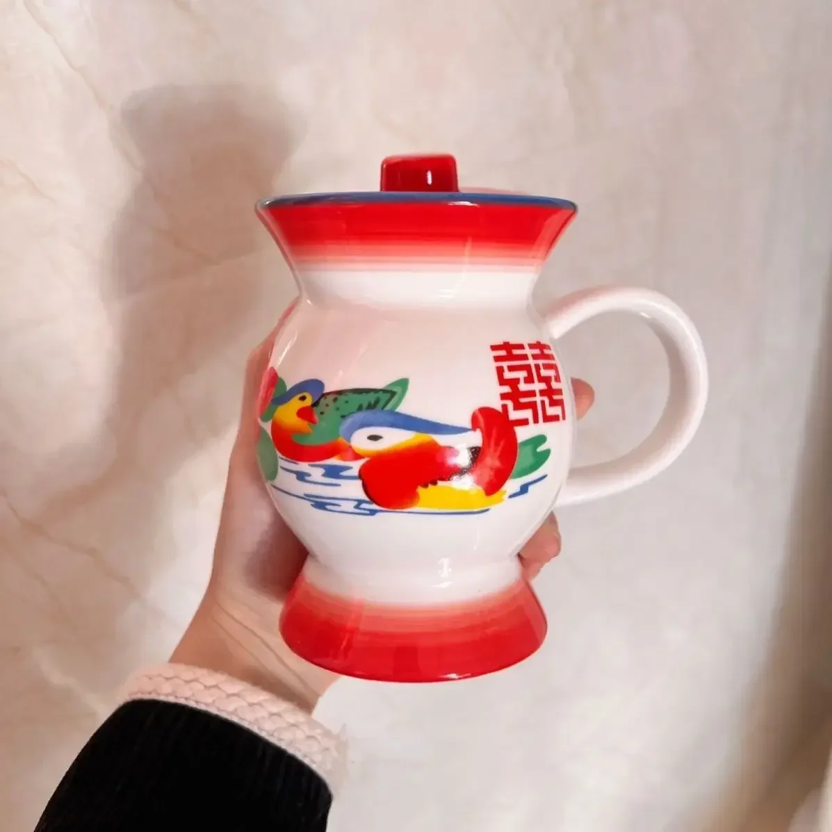 Chinese Style Novelty Mug Ceramic Spittoon Shape Water Cup Animal Printing in-Glaze Decoration Retro Funny Personalized Red Blue