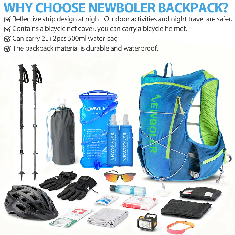NEWBOLER Lauf-Hydrationsweste Rucksack für Herren, Fahrrad-Rucksack, Wander-Marathon-Weste mit 2L Wasserbeutel und 500ml Wasserflasche – Detail 6