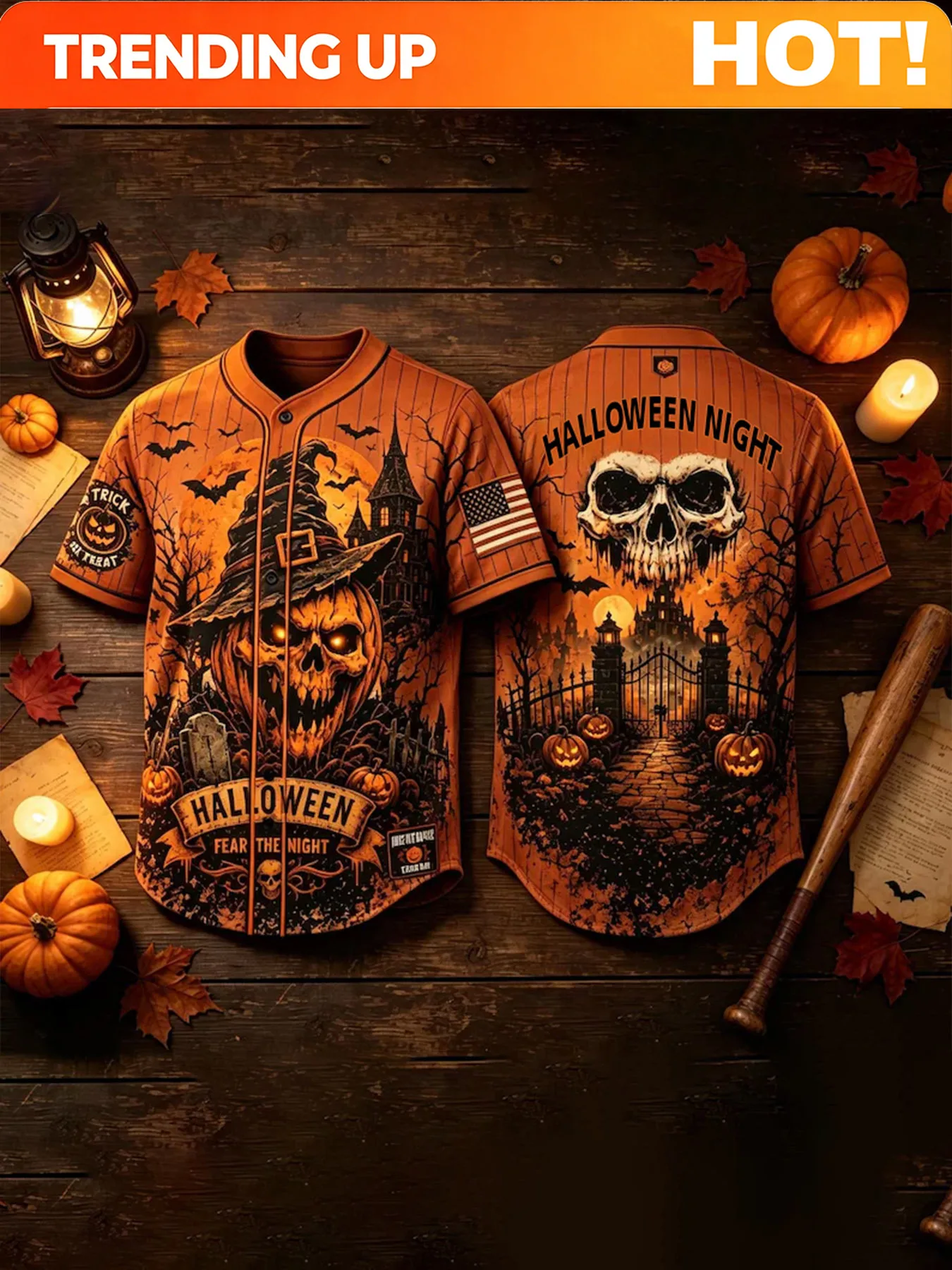 Customization Baseball Jersey Men's Fashion Halloween Trendy Fall Street Style Graphic Tee With Witch Hat Pumpkin Skull Haunted