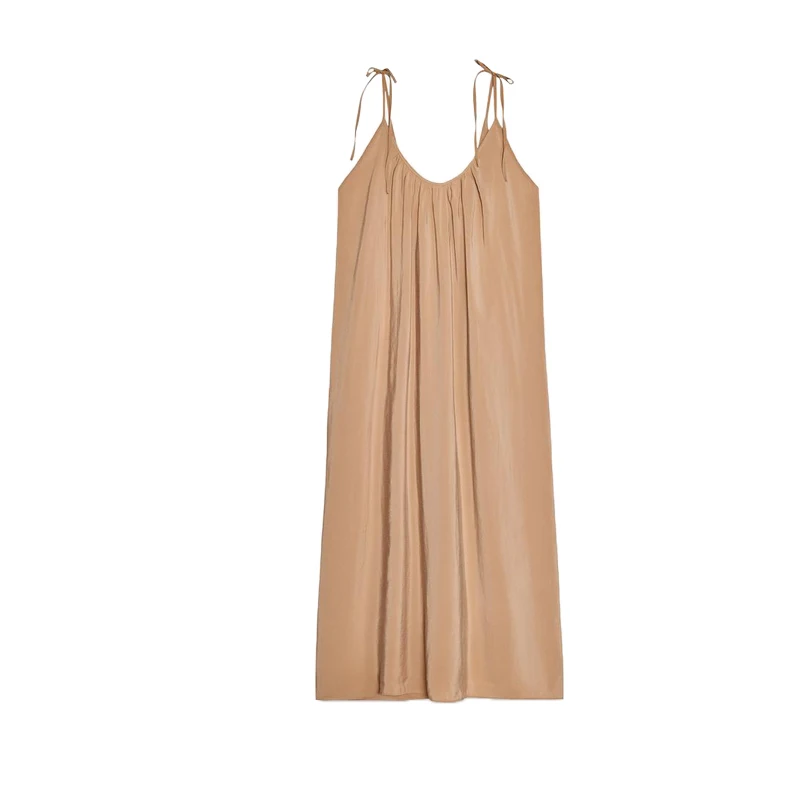 فستان صيفي جديد للنساء بتصميم مطوي وزينة دائرية الرقبة، مريح بدون أكمام، متوسط الطول، فضفاض الخصر، مصنوع من ألياف البوليستر، ...