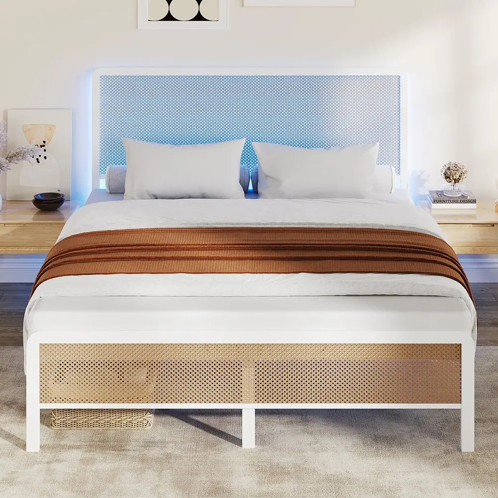 Queen Size Bed Frame with LED Lights and Rattan Headboard, Modern Rattan Platform Bed, Heavy Duty Bed Frame with Metal Slat Supp
