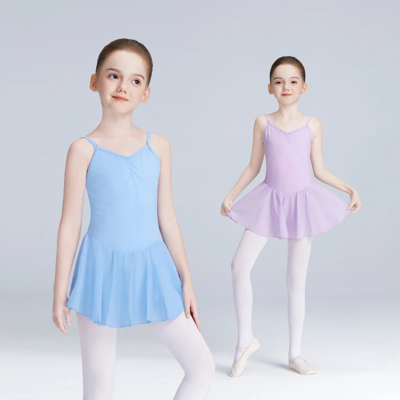 Kids Girls Ballet Dress Criss-cross Straps Camisole Gymnastics Leotard Full Lining Ballet Dance Leotards with Chiffon Skirt