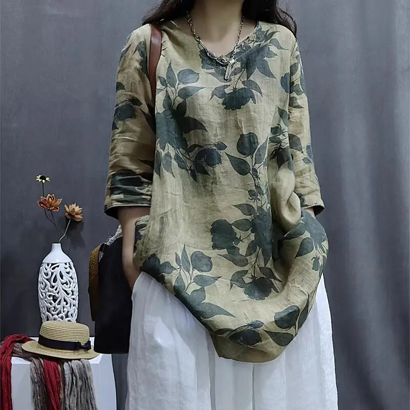 Rétro artistique ample décontracté minceur mi-manches irt imprimé fleuri T-shirt petit haut coton a-ligne jupe v-ne été Dr