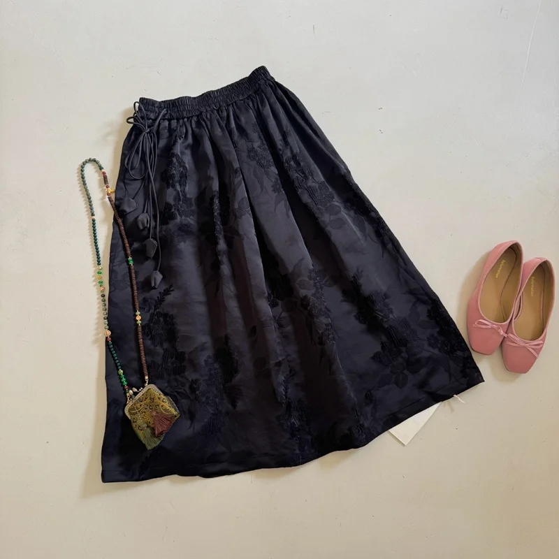 

New Spring Large Size Women's Bla Silk Woven Flower f Skirt High Waist A-Line Skirt Daily Wear Rose Sister's Sle