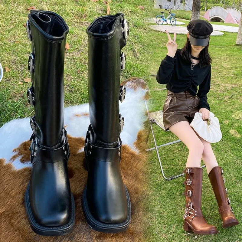Metal Buckle Square Toe Gothic Boots Women Black PU Leather Punk Long Boots Woman Chunky Heels Motorcycle Booties Cowboy Boots