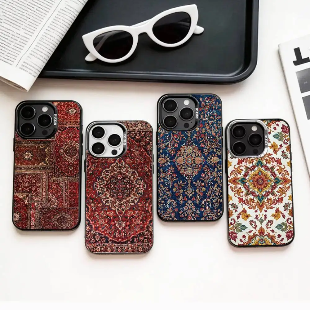 

P-Persian Carpet Floral Pattern Phone Case For iPhone17,16,15,14,13,12,11 Plus,Pro Max Colored Silver Plated Inside Cover