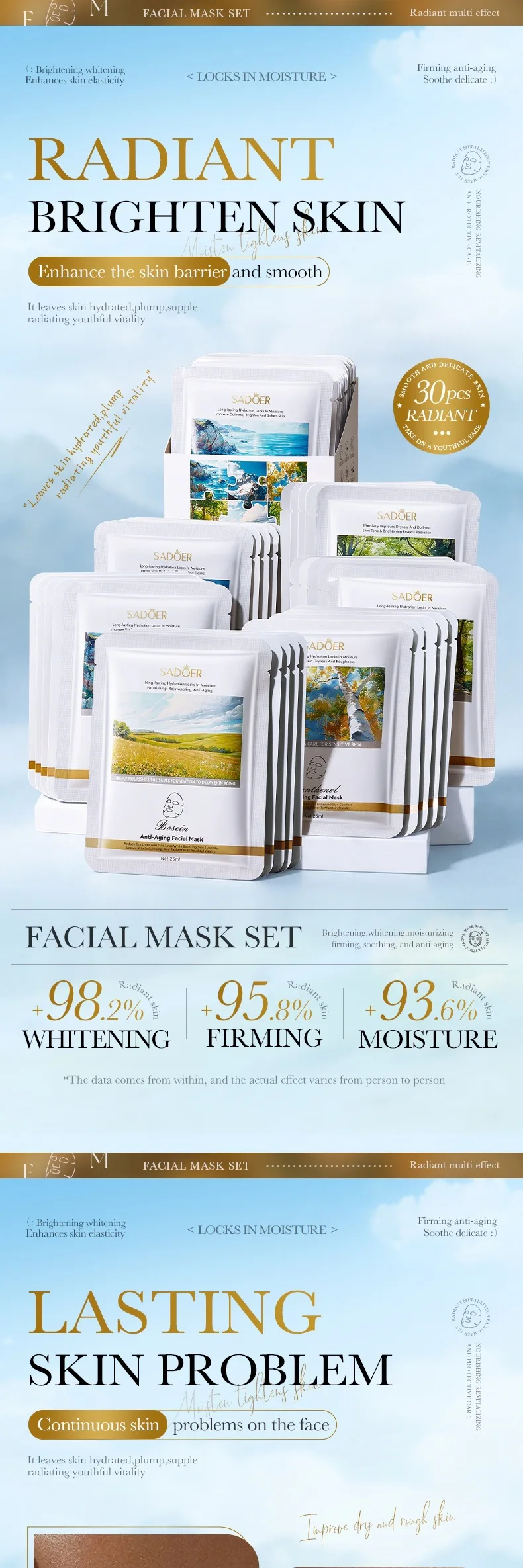 30Pcs SADOER Multi-Ingredient Facial Mask Bundle, SADOER Six Formula Gentle Essence Face Mask Patches, Hydrating Single-Use Mask Sheets to Replenish Moisture for All Skin Types