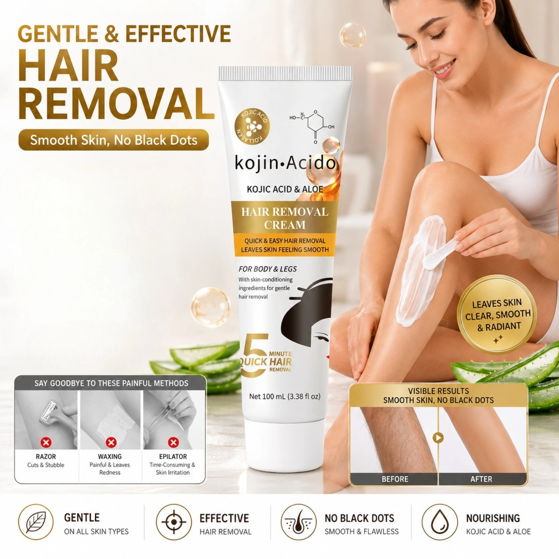 Kojic acid armpit hair removal cream non-permanent root removal mild non-irritating skin painless used all over the body